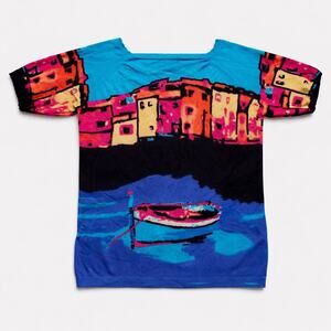 Joseph A Qu'est ce que c'est silk? sweater multi color scenic Short Sleeve SzX L